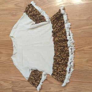 Umgee cream leopard print tunic linen cotton blend fringe oversized size small